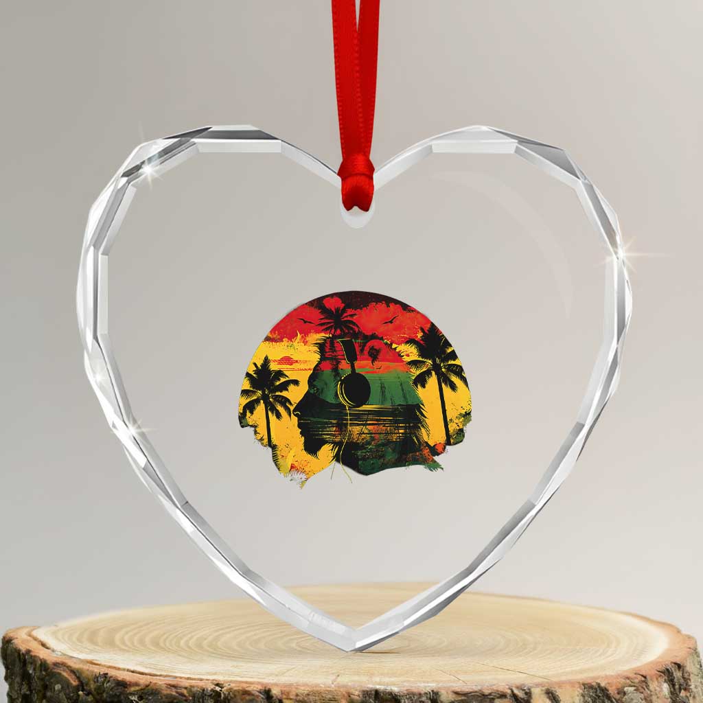 Retro Jamaican Lion Sunset Heart Crystal Glass Ornament Rasta Colors Music and Island Vibes Graphic