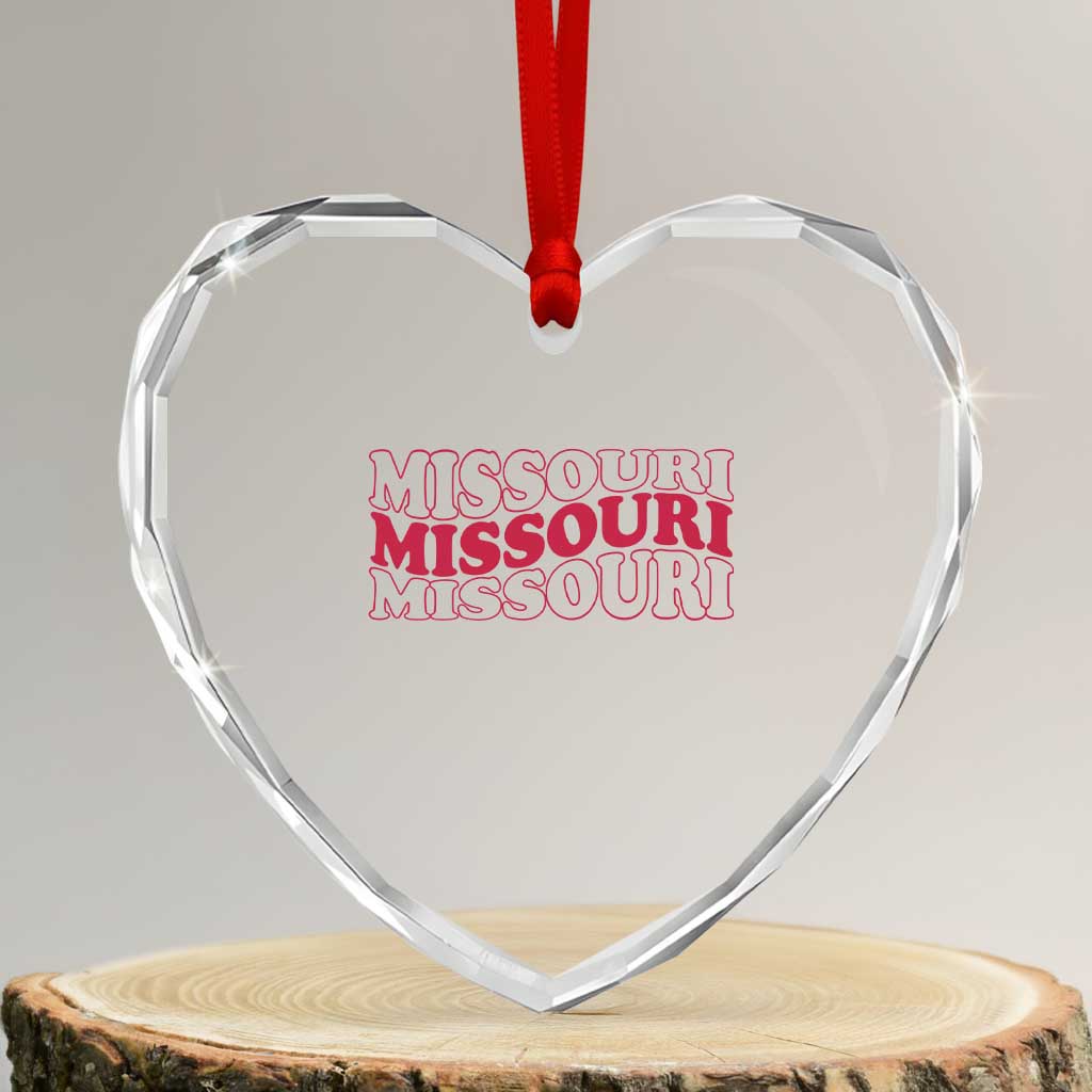 Retro Missouri State Pride Heart Crystal Glass Ornament Groovy Wavy Typography