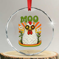 Retro Moo Chicken Wearing Sunglasses Graphic Crystal Glass Ornament Funny Groovy Farm Animal Pun Vintage Sunburst