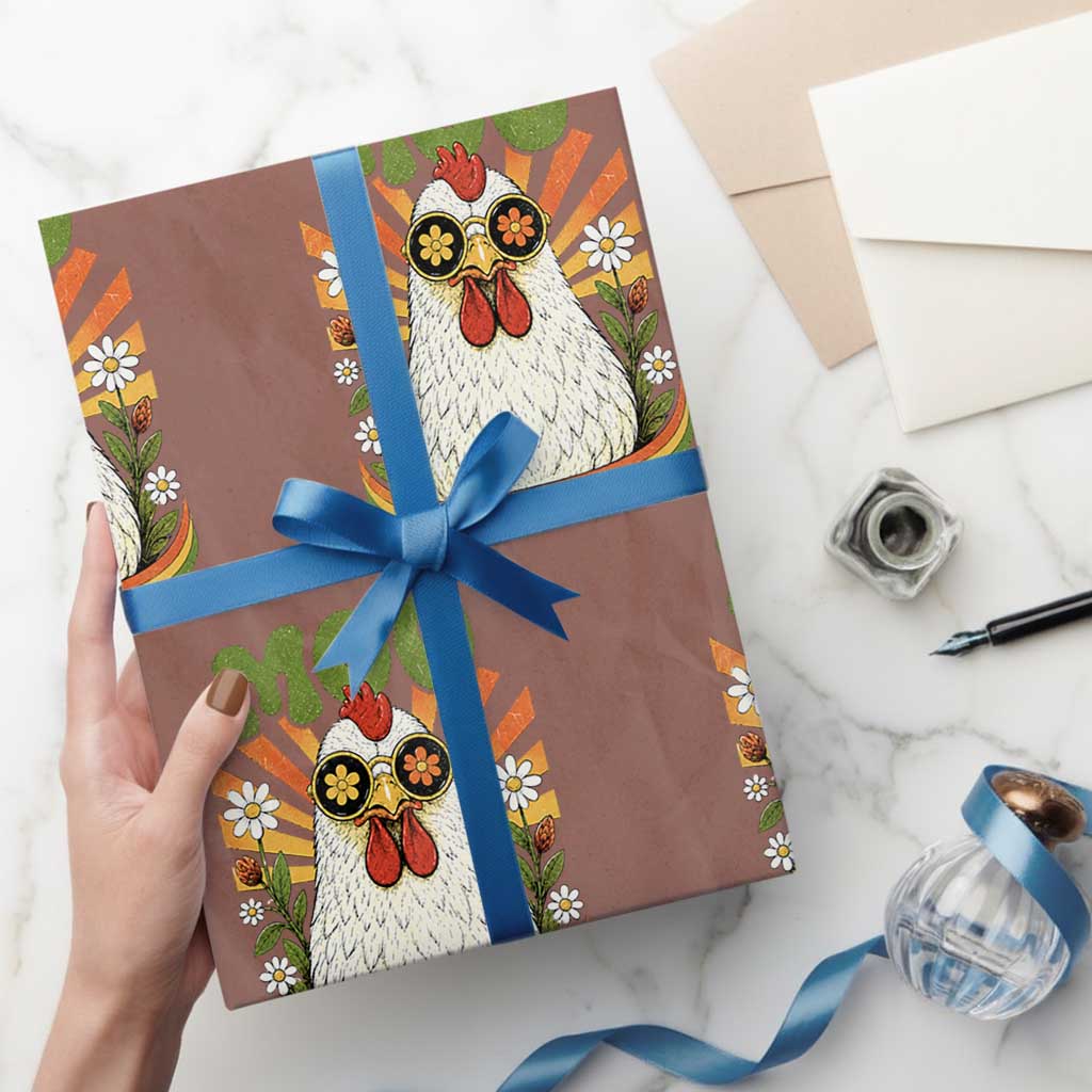 Retro Moo Chicken Wearing Sunglasses Graphic Wrapping Paper Roll Funny Groovy Farm Animal Pun Vintage Sunburst