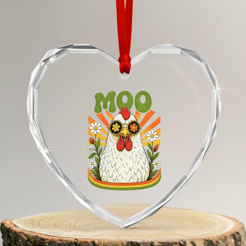 Retro Moo Chicken Wearing Sunglasses Graphic Heart Crystal Glass Ornament Funny Groovy Farm Animal Pun Vintage Sunburst