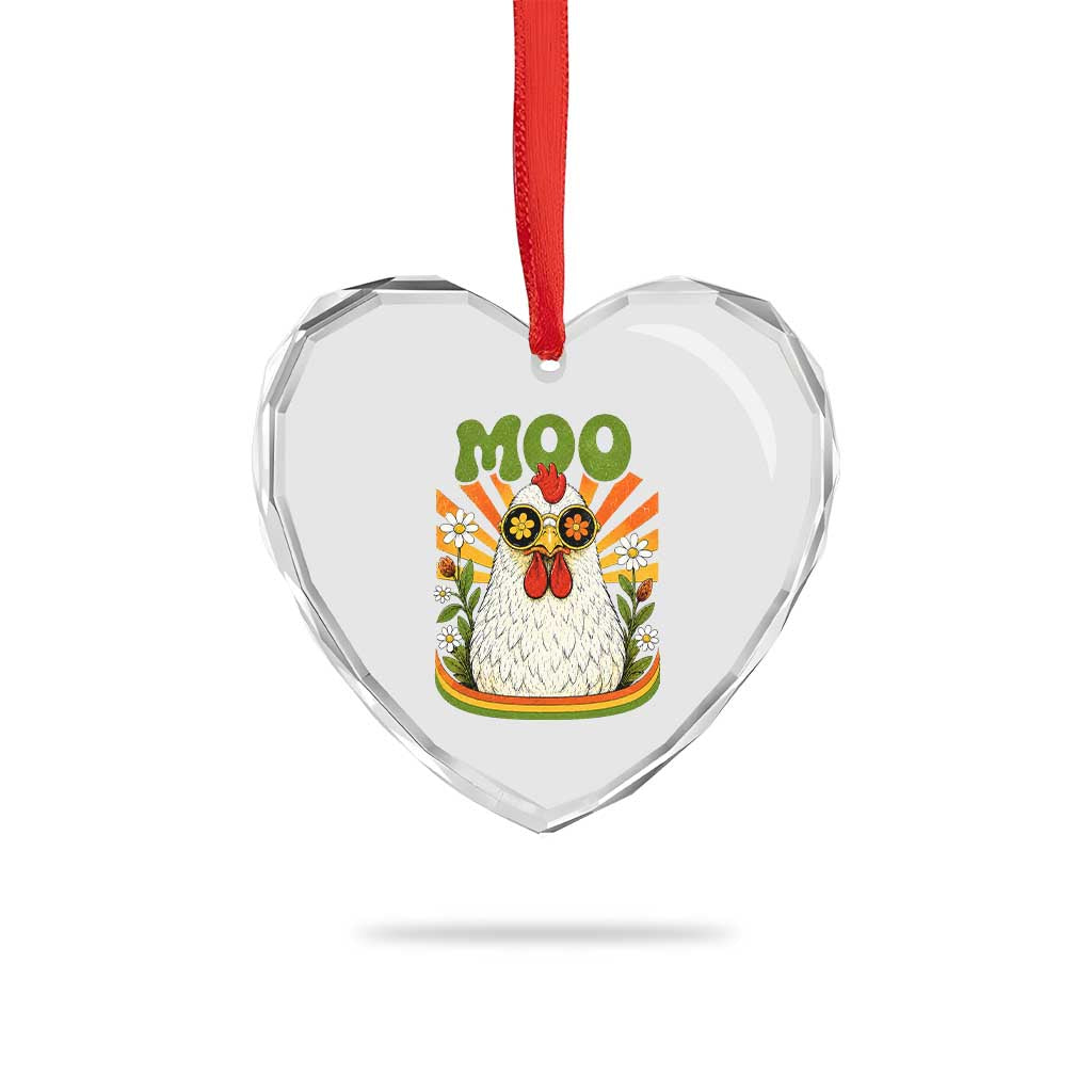 Retro Moo Chicken Wearing Sunglasses Graphic Heart Crystal Glass Ornament Funny Groovy Farm Animal Pun Vintage Sunburst