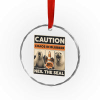 Retro Neil the Seal Caution Chaos in Blubber Crystal Glass Ornament Funny Viral Chaotic Elephant Seal Traffic Cone Meme