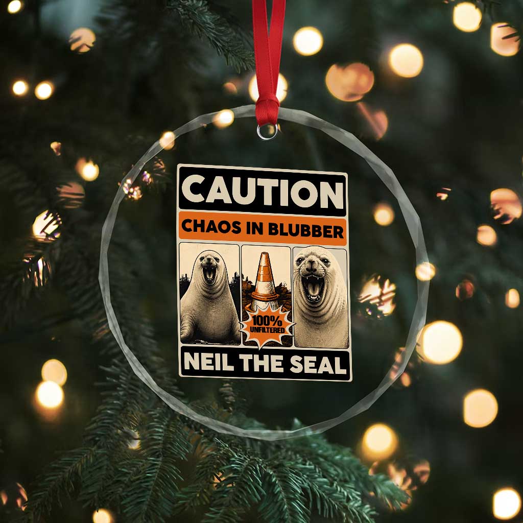 Retro Neil the Seal Caution Chaos in Blubber Crystal Glass Ornament Funny Viral Chaotic Elephant Seal Traffic Cone Meme