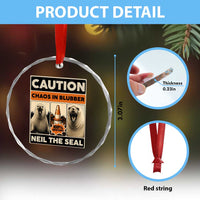 Retro Neil the Seal Caution Chaos in Blubber Crystal Glass Ornament Funny Viral Chaotic Elephant Seal Traffic Cone Meme