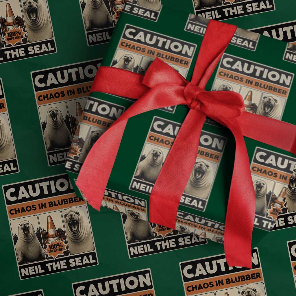 Retro Neil the Seal Caution Chaos in Blubber Wrapping Paper Roll Funny Viral Chaotic Elephant Seal Traffic Cone Meme