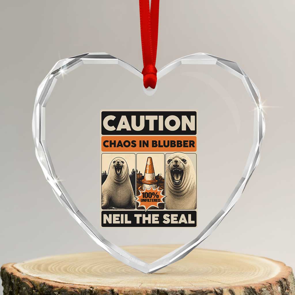 Retro Neil the Seal Caution Chaos in Blubber Heart Crystal Glass Ornament Funny Viral Chaotic Elephant Seal Traffic Cone Meme