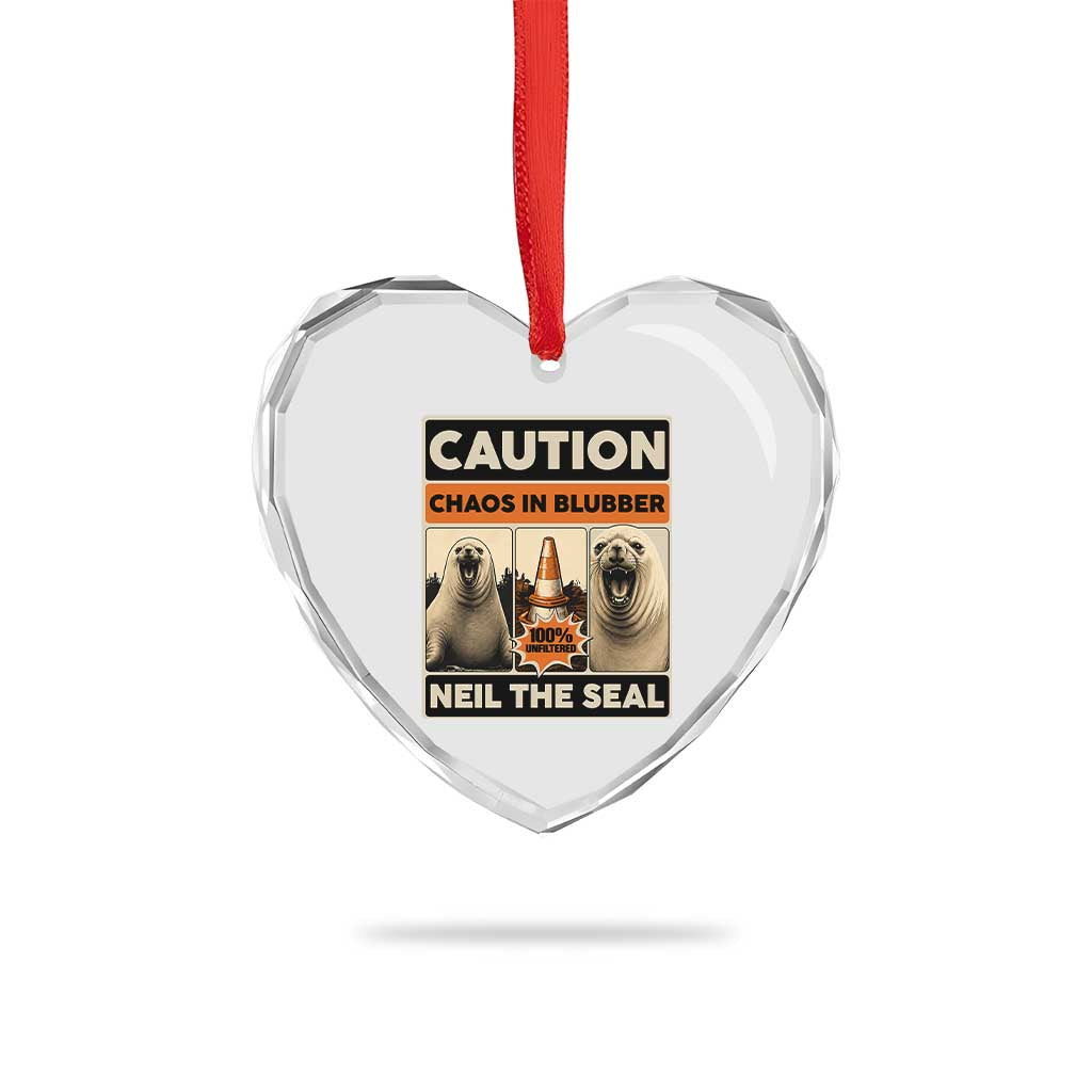 Retro Neil the Seal Caution Chaos in Blubber Heart Crystal Glass Ornament Funny Viral Chaotic Elephant Seal Traffic Cone Meme
