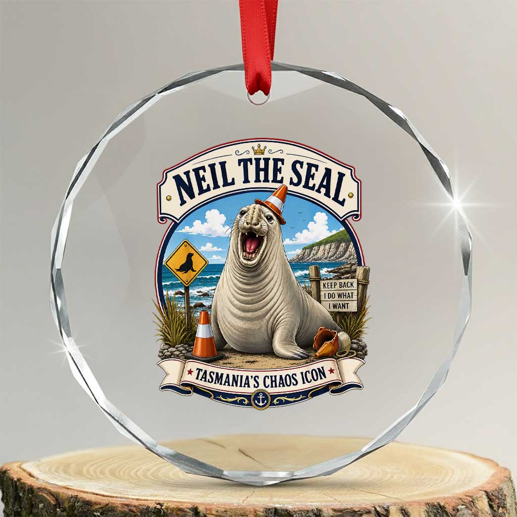 Retro Neil the Seal Tasmanias Chaos Icon Crystal Glass Ornament Funny Roaring Elephant Seal Traffic Cone Meme
