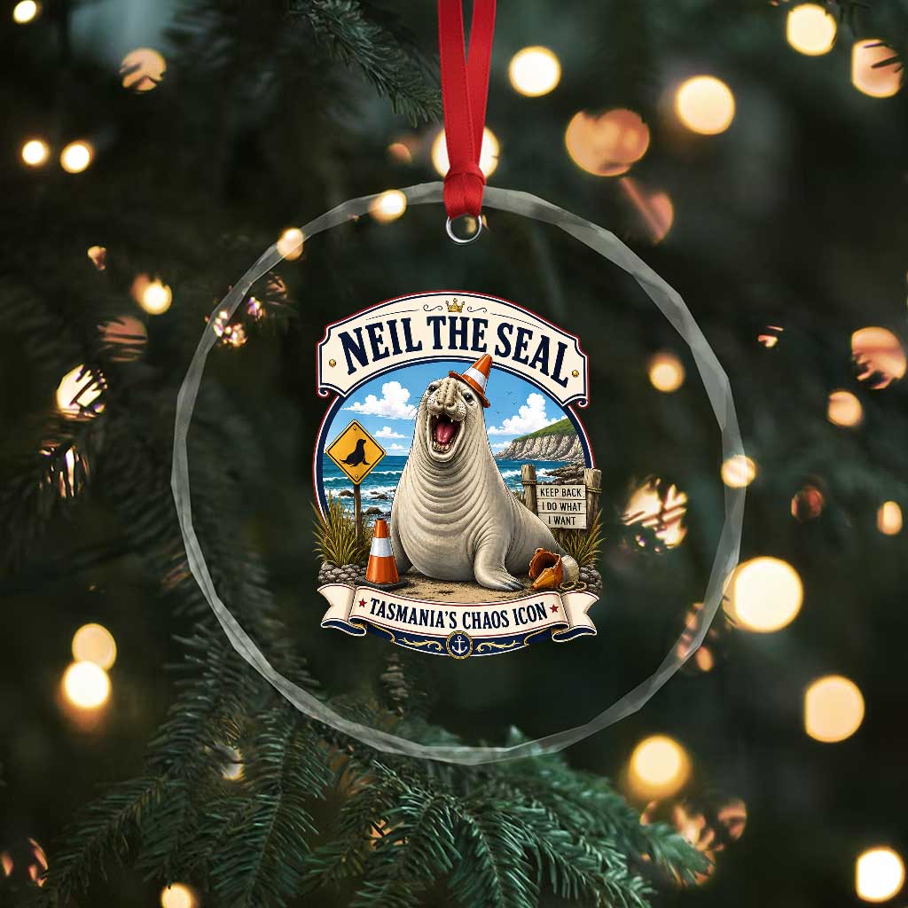 Retro Neil the Seal Tasmanias Chaos Icon Crystal Glass Ornament Funny Roaring Elephant Seal Traffic Cone Meme
