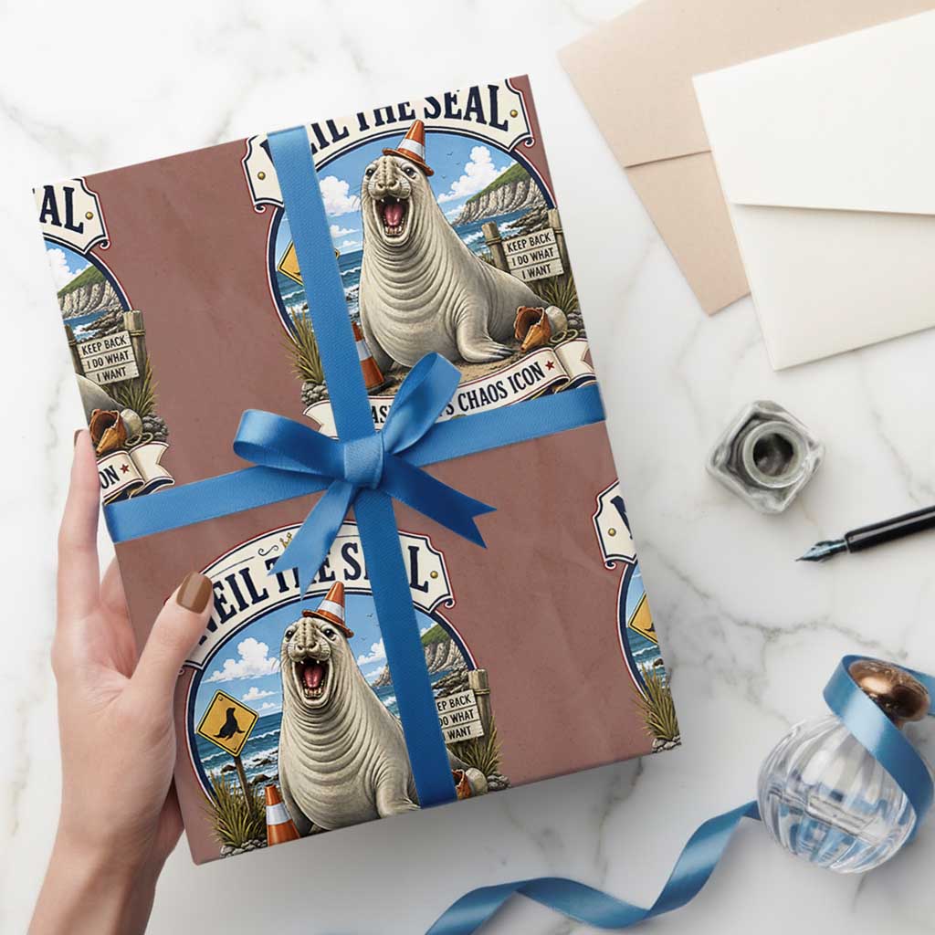 Retro Neil the Seal Tasmanias Chaos Icon Wrapping Paper Roll Funny Roaring Elephant Seal Traffic Cone Meme