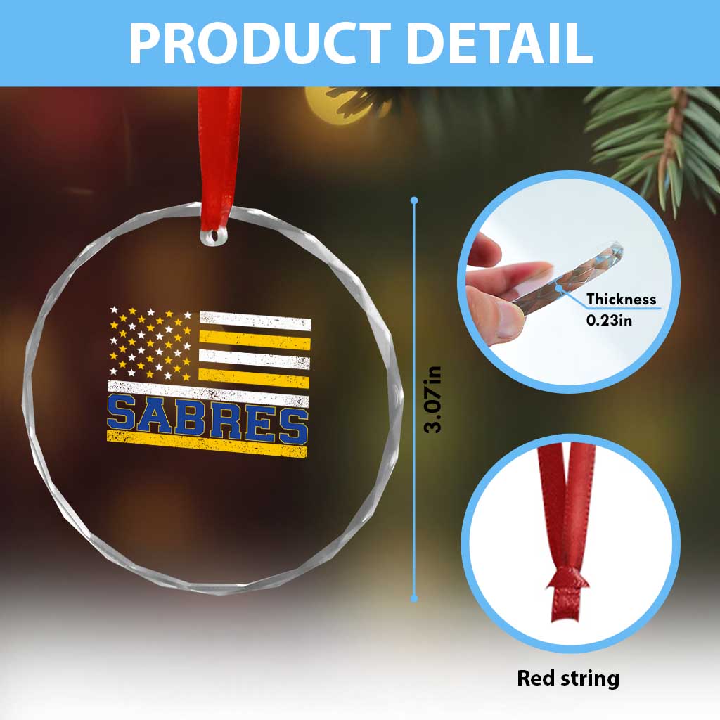 Retro Patriotic Sabres Name Pride American Flag Crystal Glass Ornament Distressed Sports Fan Graphic