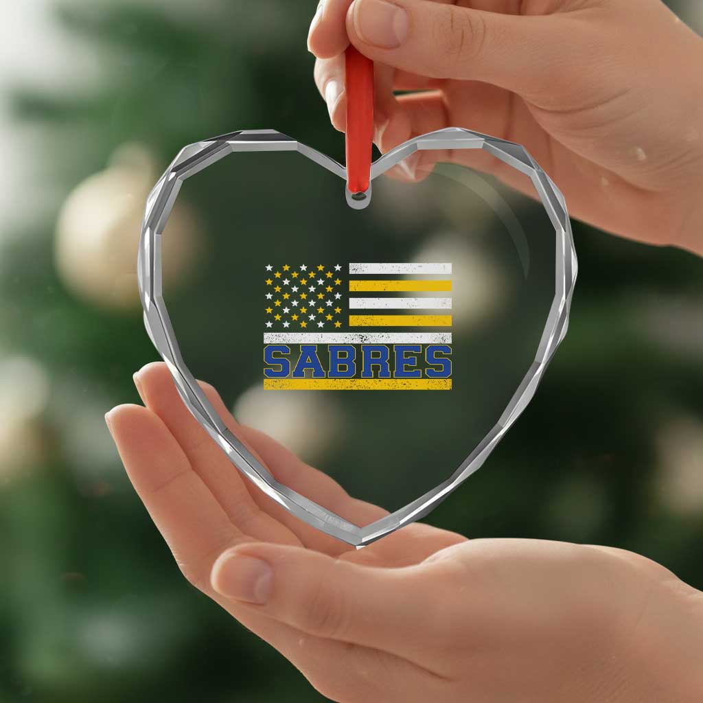 Retro Patriotic Sabres Name Pride American Flag Heart Crystal Glass Ornament Distressed Sports Fan Graphic