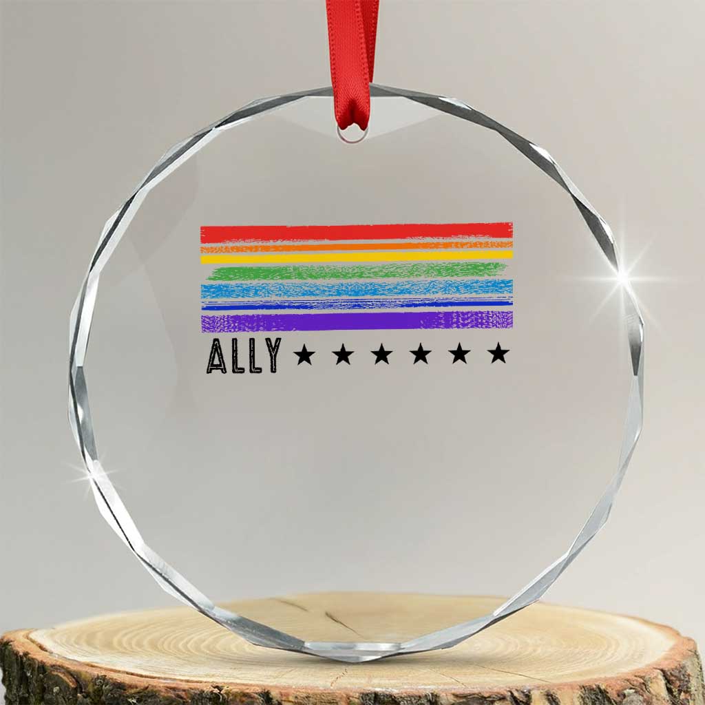 Retro Rainbow Ally Distressed Stripes Graphic Crystal Glass Ornament LGBTQ Support Pride Month
