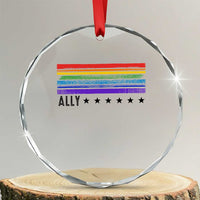 Retro Rainbow Ally Distressed Stripes Graphic Crystal Glass Ornament LGBTQ Support Pride Month
