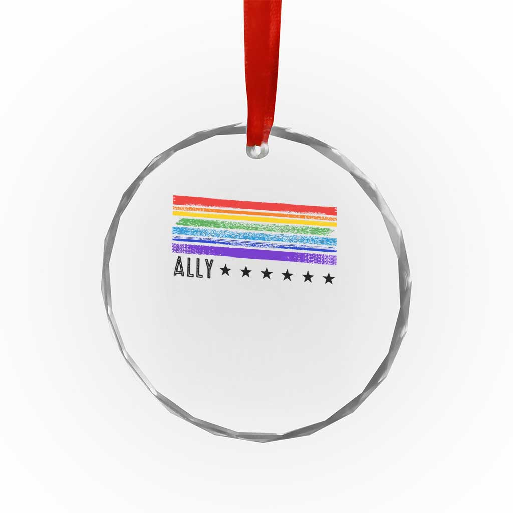 Retro Rainbow Ally Distressed Stripes Graphic Crystal Glass Ornament LGBTQ Support Pride Month