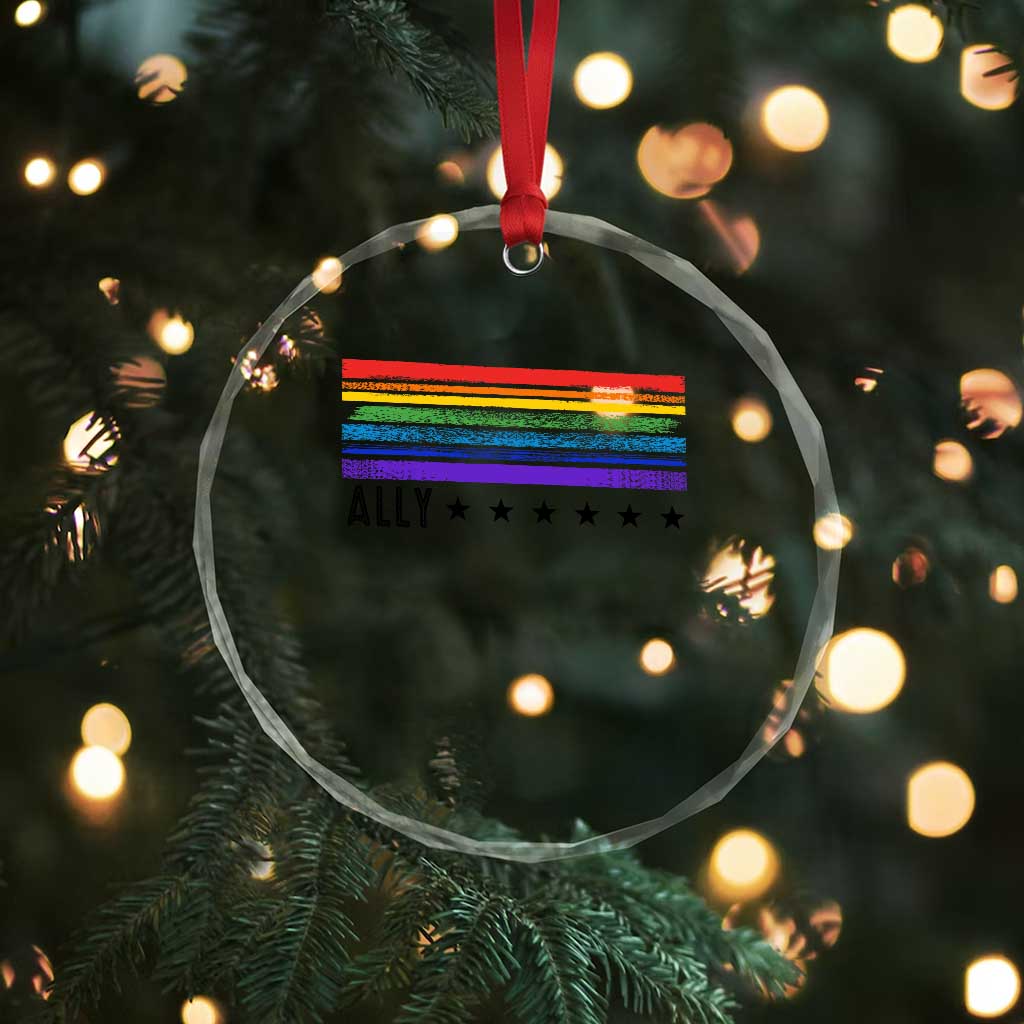 Retro Rainbow Ally Distressed Stripes Graphic Crystal Glass Ornament LGBTQ Support Pride Month