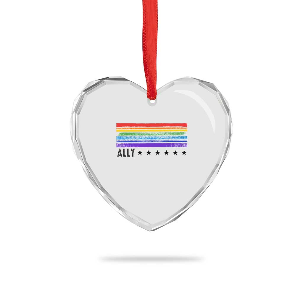 Retro Rainbow Ally Distressed Stripes Graphic Heart Crystal Glass Ornament LGBTQ Support Pride Month