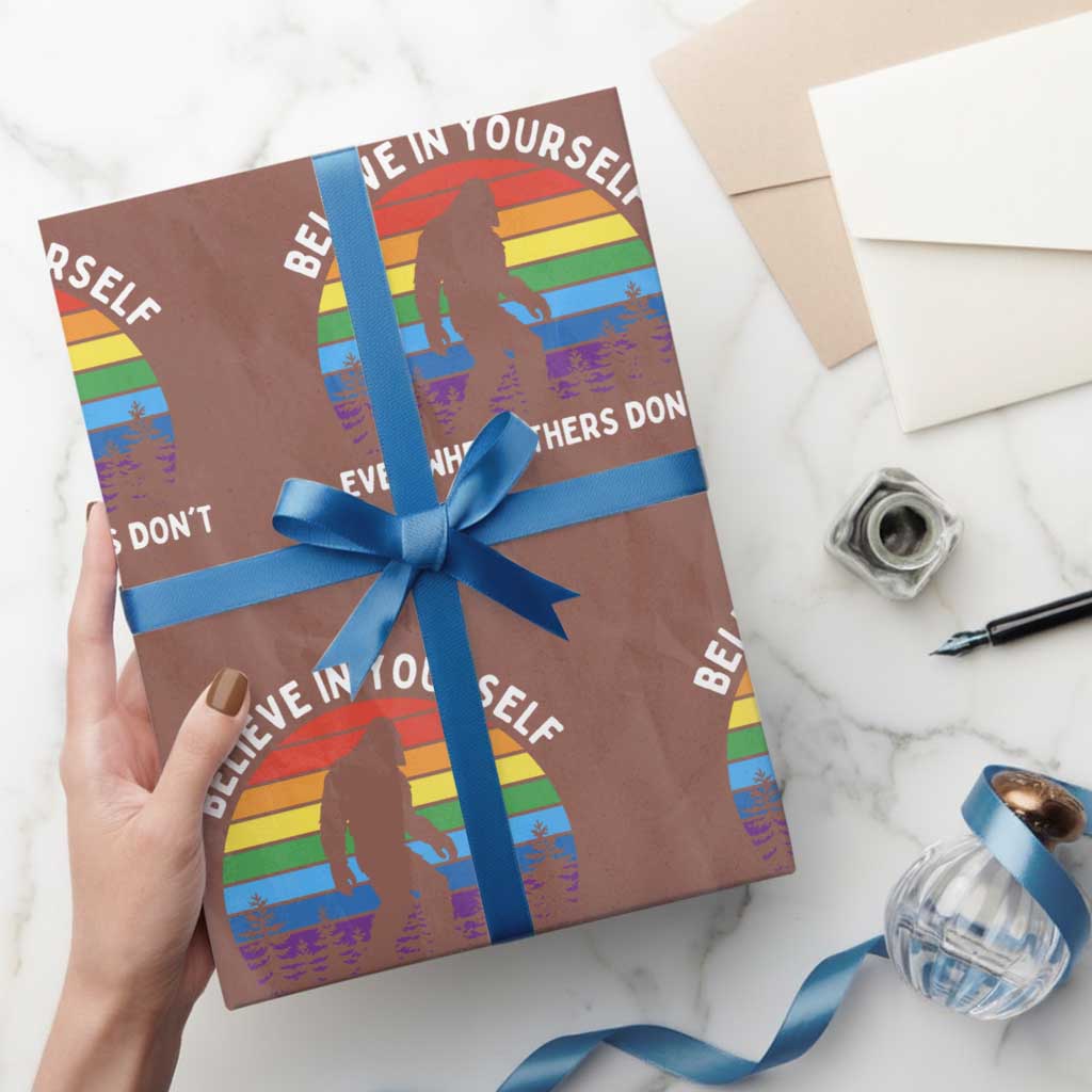 Retro Rainbow Bigfoot Wrapping Paper Roll Believe In Yourself Even When Others Don't