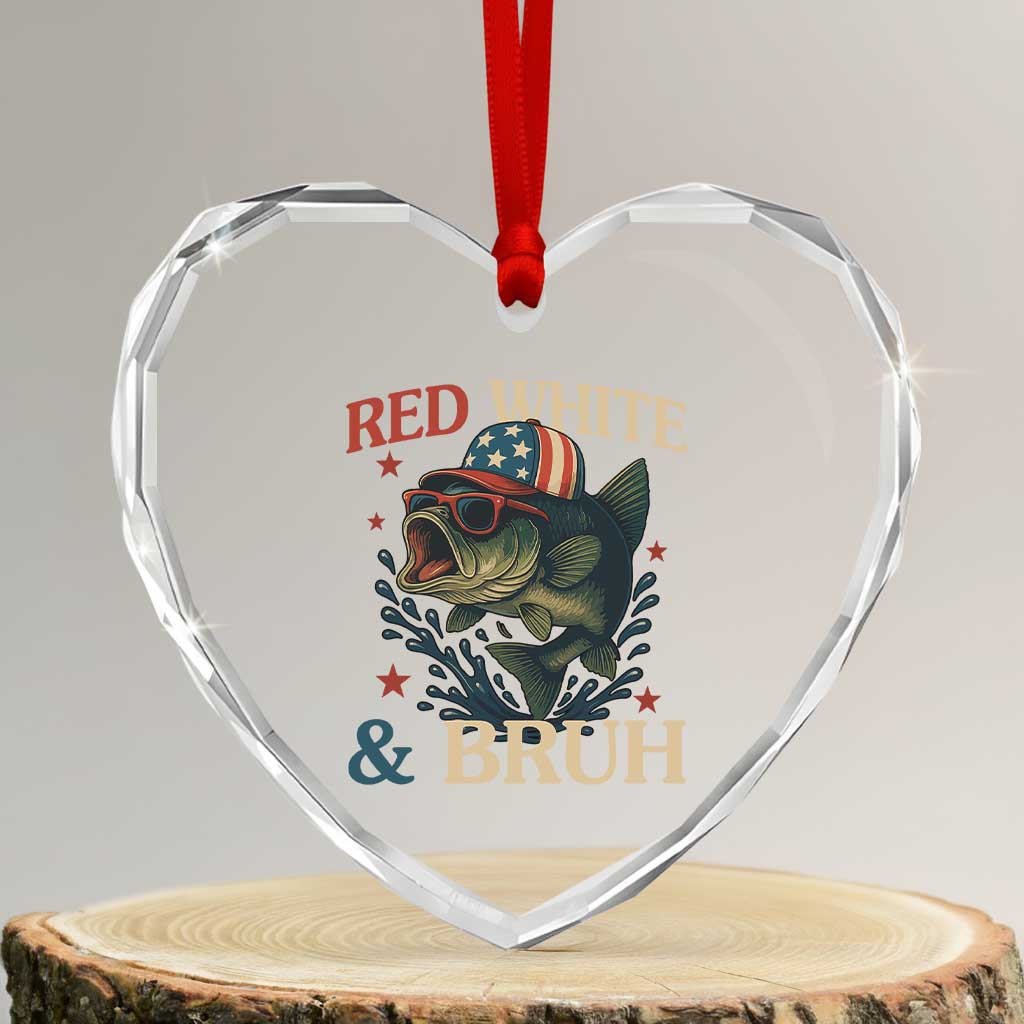 Retro Red White And Bruh Fishing Heart Crystal Glass Ornament Funny Patriotic Bass 4th Of July - Wonder Print Shop