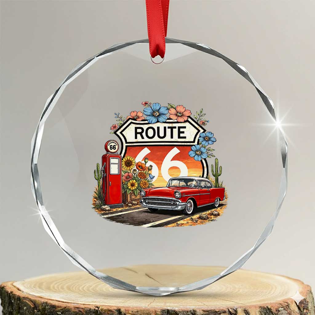 Retro Route Highway 66 Crystal Glass Ornament Boho Wildflower Americana Floral
