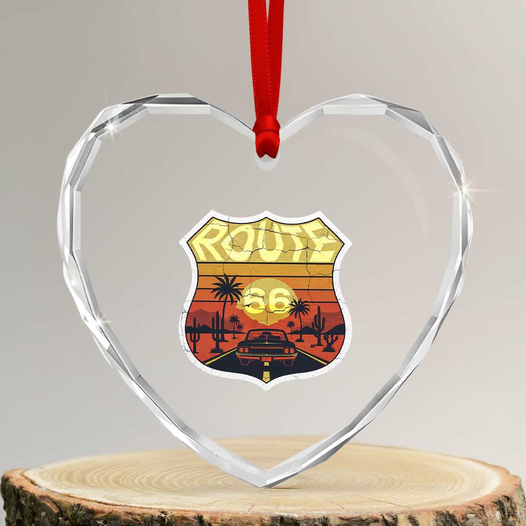 Retro Route Highway 66 Heart Crystal Glass Ornament Vintage Americana Road Trip