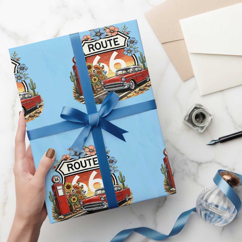 Retro Route Highway 66 Wrapping Paper Roll Boho Wildflower Americana Floral