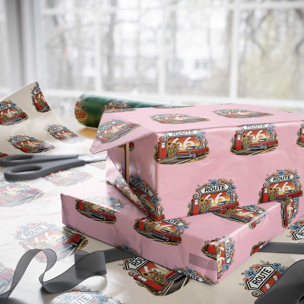 Retro Route Highway 66 Wrapping Paper Roll Boho Wildflower Americana Floral