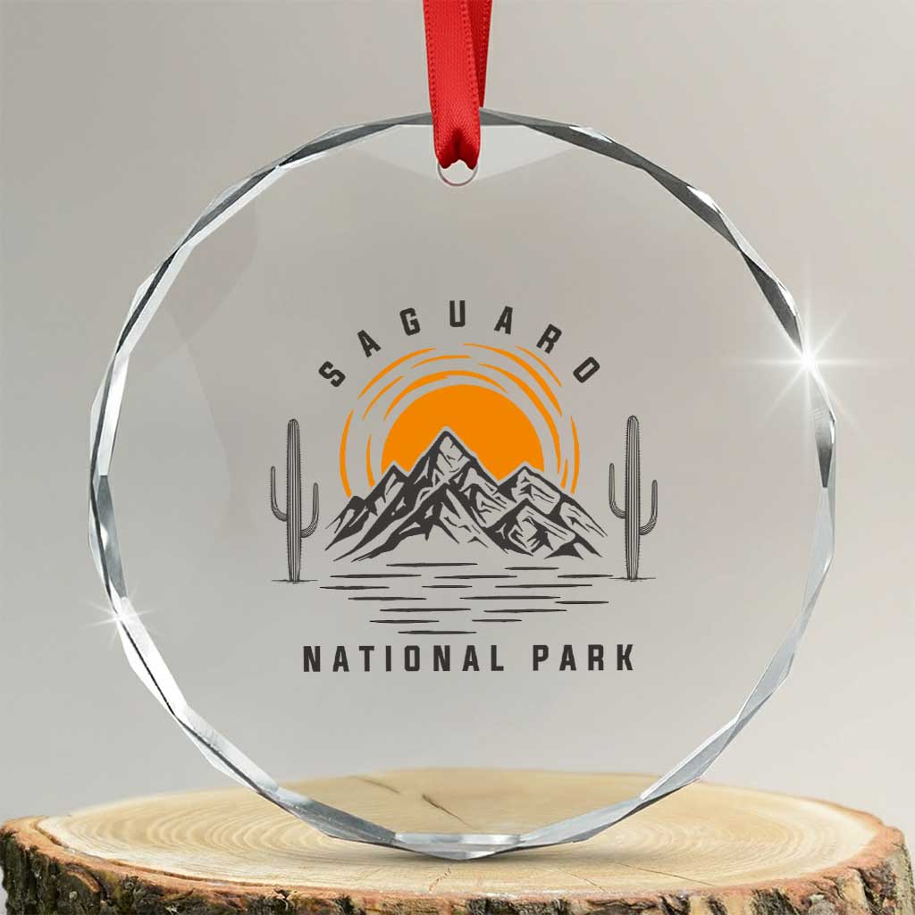 Retro Saguaro National Park Sunset Graphic Crystal Glass Ornament Vintage Arizona Desert Mountain Badge Souvenir