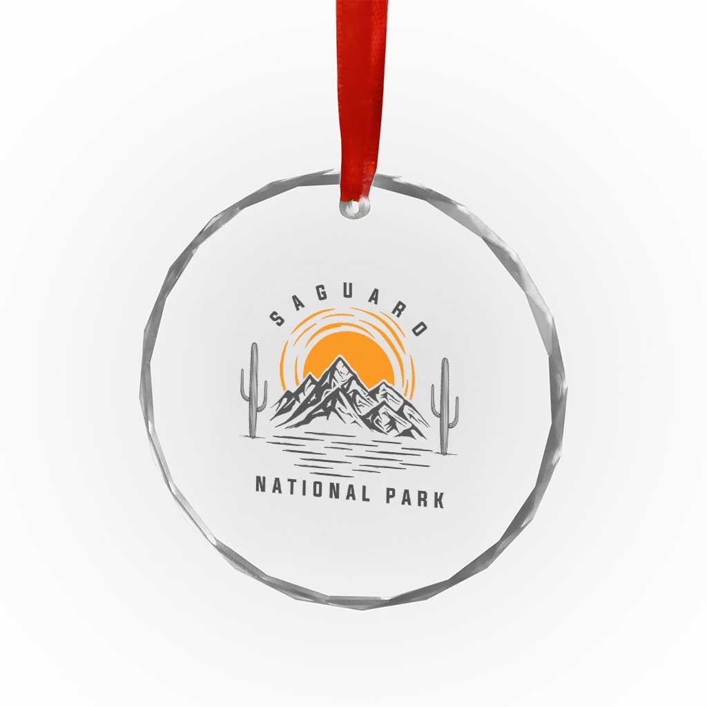 Retro Saguaro National Park Sunset Graphic Crystal Glass Ornament Vintage Arizona Desert Mountain Badge Souvenir