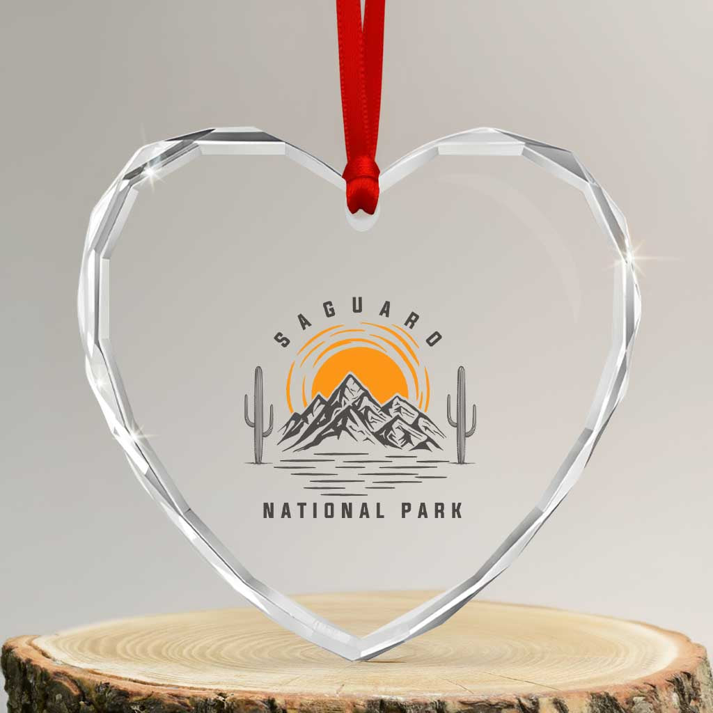 Retro Saguaro National Park Sunset Graphic Heart Crystal Glass Ornament Vintage Arizona Desert Mountain Badge Souvenir