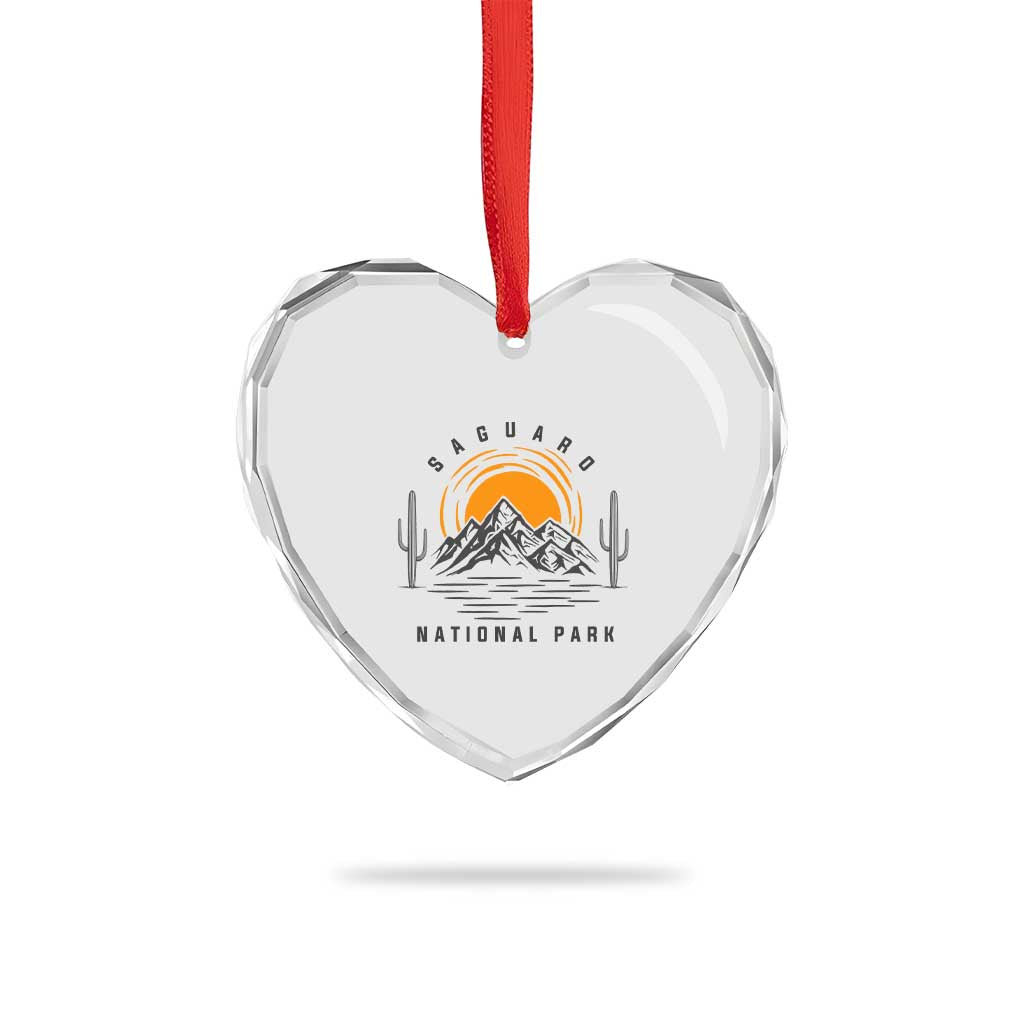 Retro Saguaro National Park Sunset Graphic Heart Crystal Glass Ornament Vintage Arizona Desert Mountain Badge Souvenir
