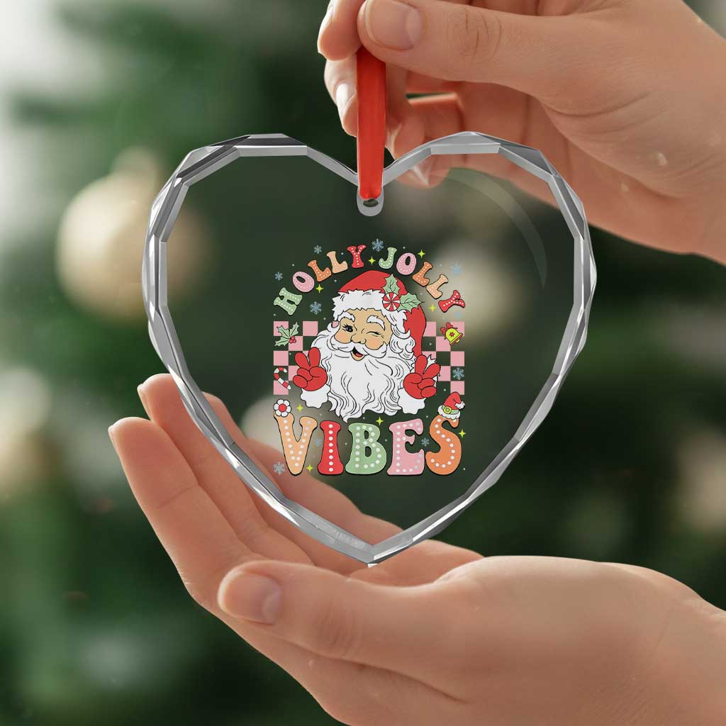 Retro Santa Xmas Heart Crystal Glass Ornament Groovy Cute Santa Claus Christmas Vibes Xmas - Wonder Print Shop