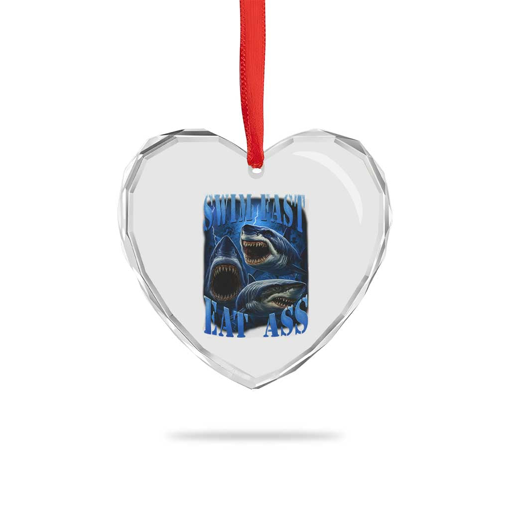 Retro Sharks Heart Crystal Glass Ornament Swim Fast Eat Ass Vintage 90s Bootleg Graphic - Wonder Print Shop