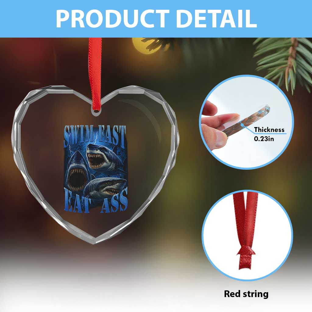 Retro Sharks Heart Crystal Glass Ornament Swim Fast Eat Ass Vintage 90s Bootleg Graphic - Wonder Print Shop