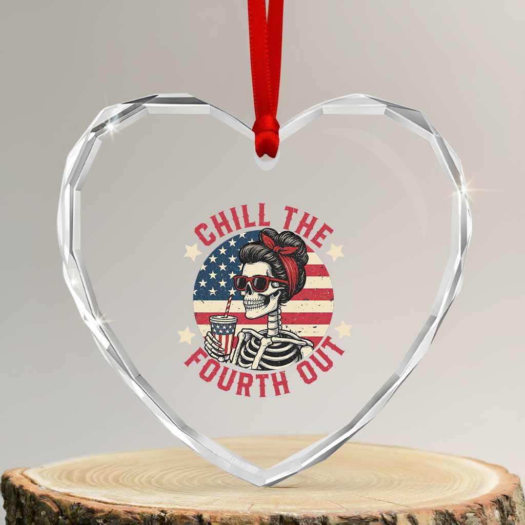 Retro Skeleton 4th of July Heart Crystal Glass Ornament Chill The Fourth Out Funny Patriotic American Flag - Wonder Print Shop