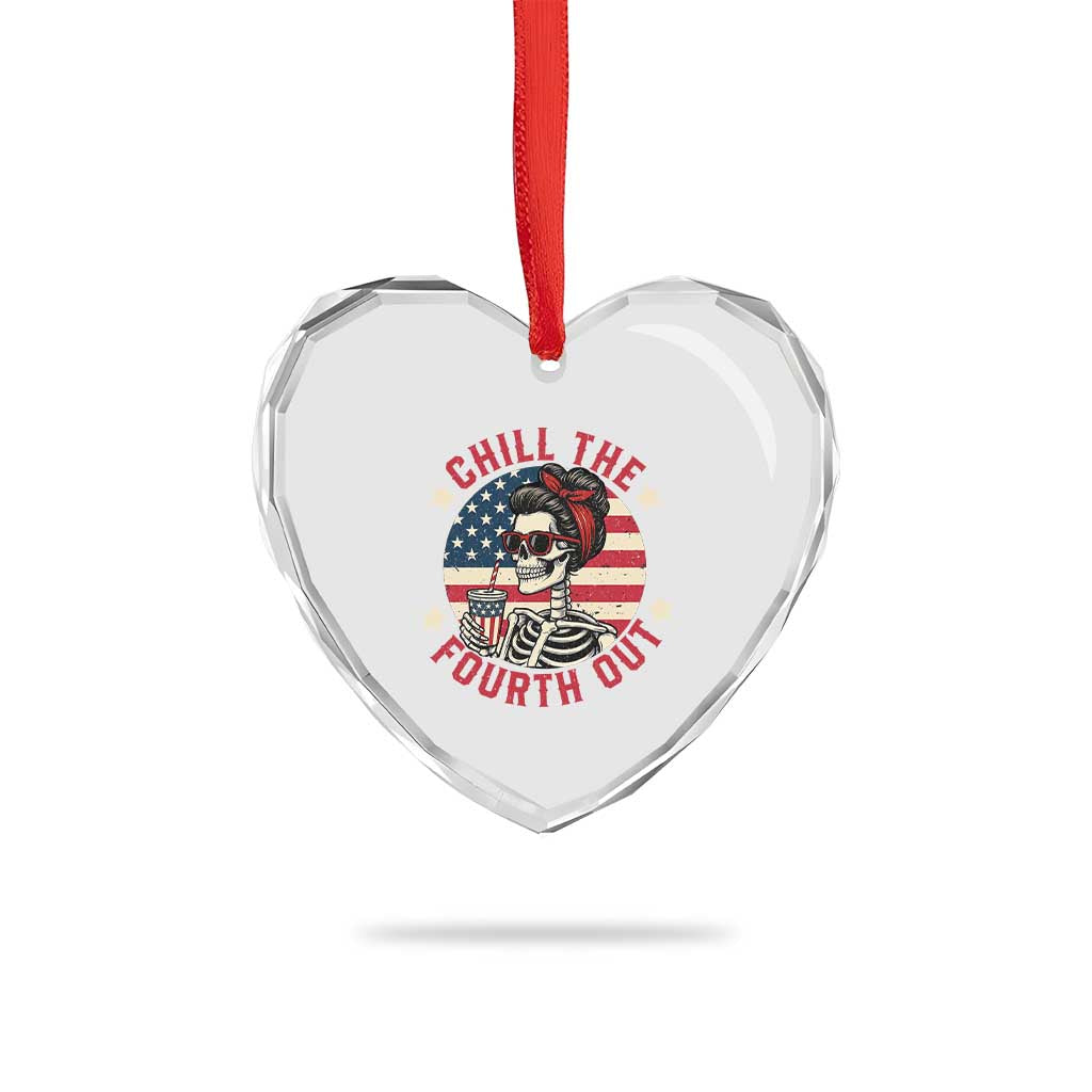 Retro Skeleton 4th of July Heart Crystal Glass Ornament Chill The Fourth Out Funny Patriotic American Flag - Wonder Print Shop