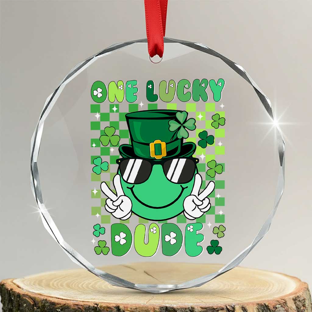 Retro St Patrick's Day Crystal Glass Ornament One Lucky Dude Green Checkered Heart Groovy - Wonder Print Shop