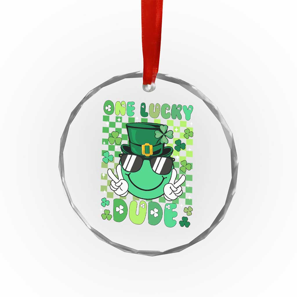 Retro St Patrick's Day Crystal Glass Ornament One Lucky Dude Green Checkered Heart Groovy - Wonder Print Shop