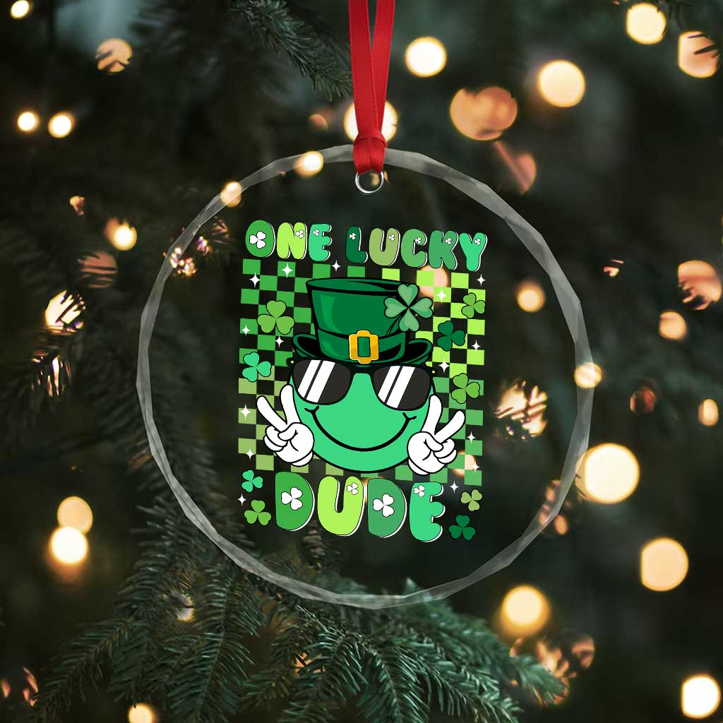 Retro St Patrick's Day Crystal Glass Ornament One Lucky Dude Green Checkered Heart Groovy - Wonder Print Shop