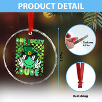 Retro St Patrick's Day Crystal Glass Ornament One Lucky Dude Green Checkered Heart Groovy - Wonder Print Shop
