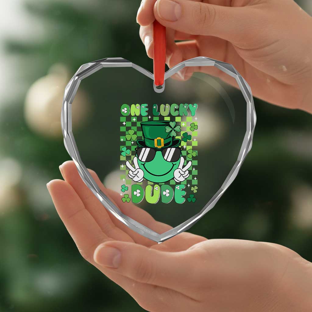 Retro St Patrick's Day Heart Crystal Glass Ornament One Lucky Dude Green Checkered Heart Groovy - Wonder Print Shop