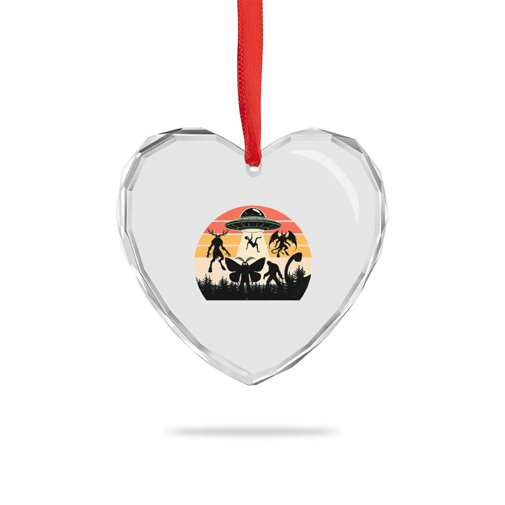 Retro Sunset Cryptid Squad Heart Crystal Glass Ornament Cryptid Lover Gift