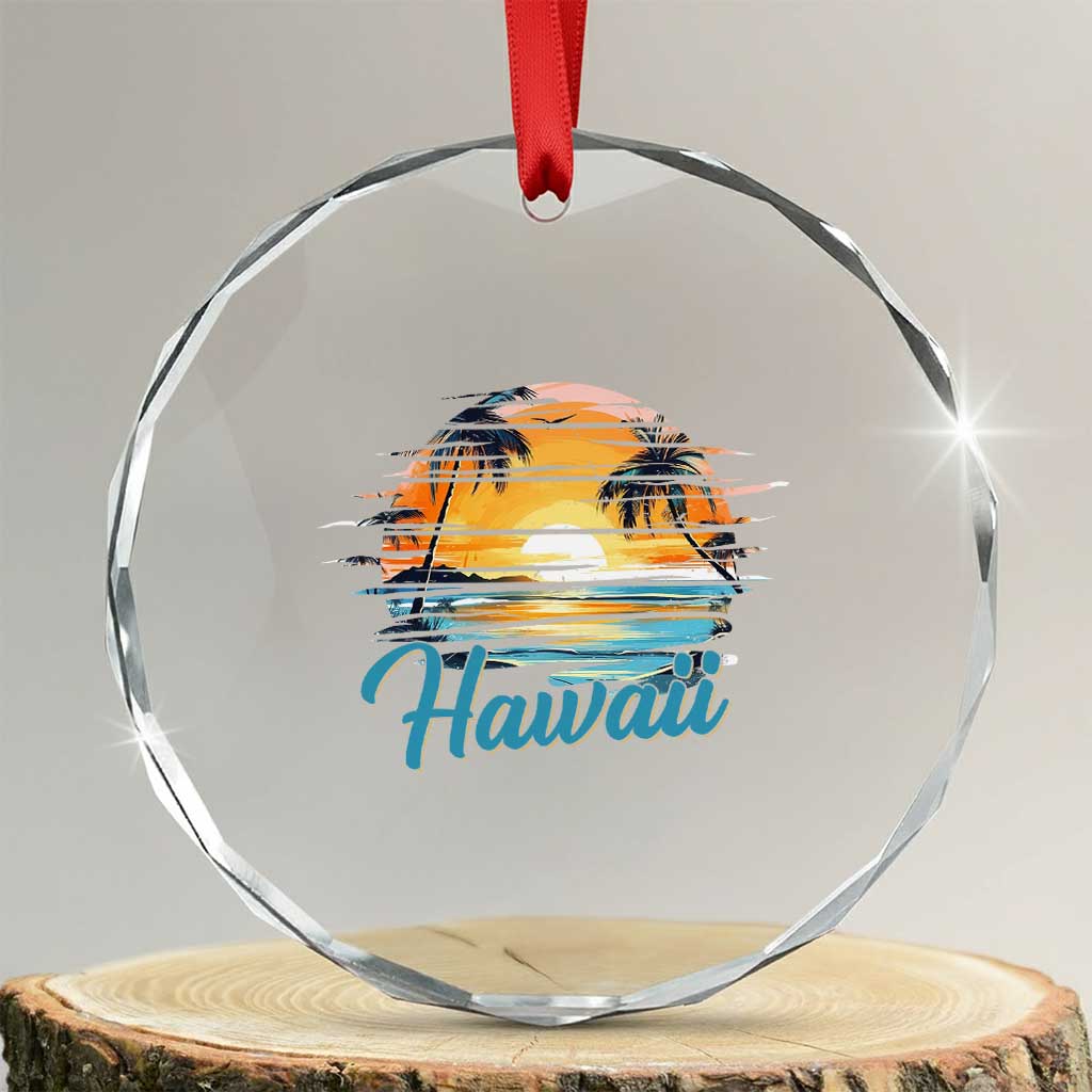 Retro Sunset Palm Tree Hawaii Crystal Glass Ornament Tropical Vacation Graphic