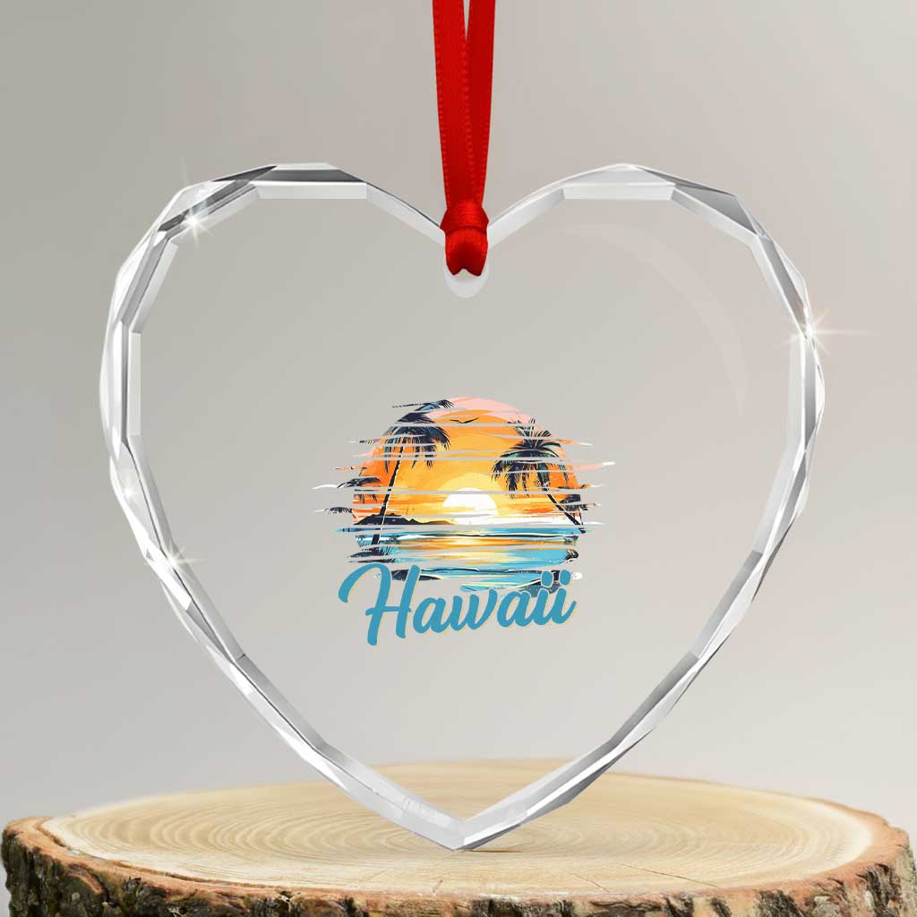 Retro Sunset Palm Tree Hawaii Heart Crystal Glass Ornament Tropical Vacation Graphic