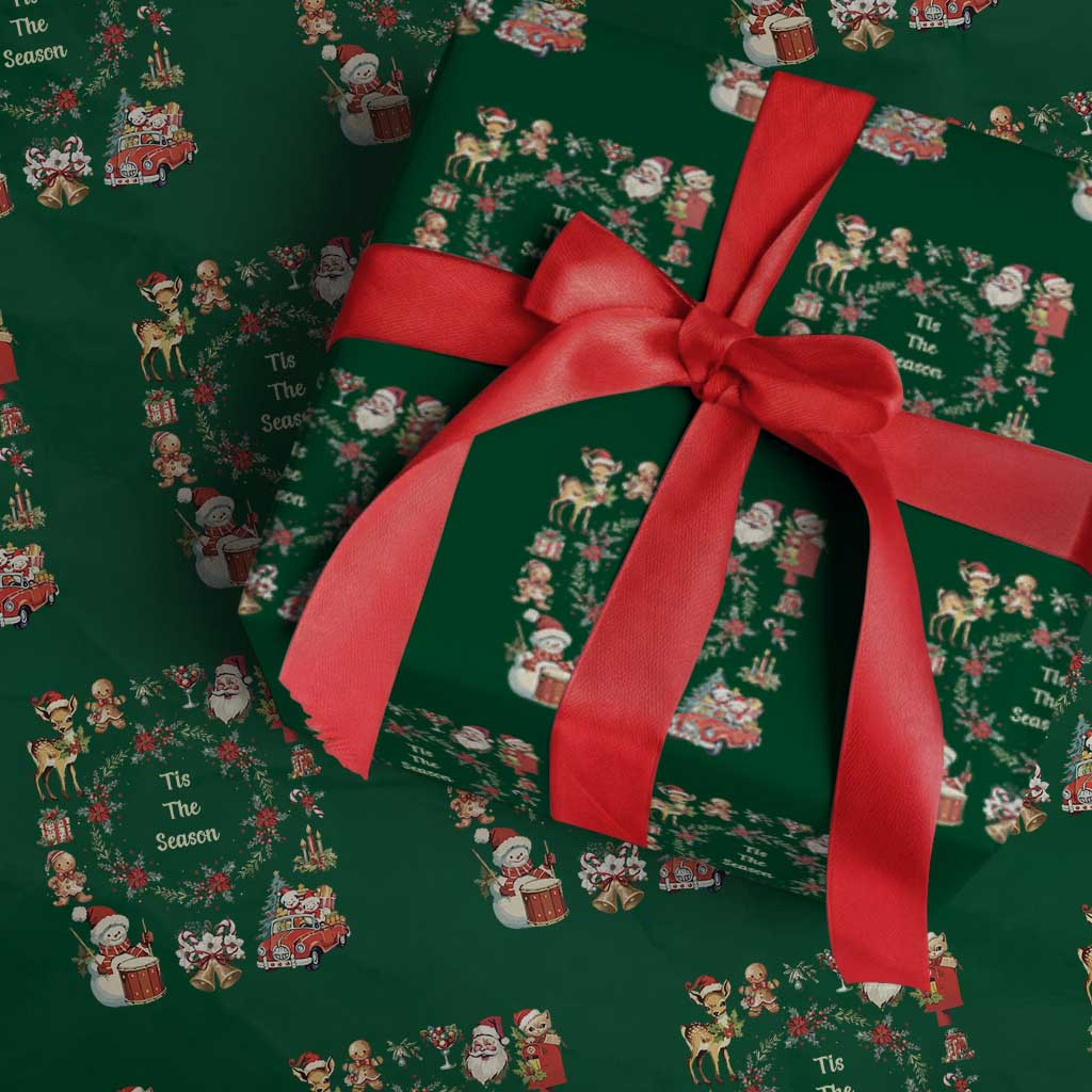 Retro Vintage Christmas Wrapping Paper Roll Tis The Season Santa Hat Xmas Wrealth - Wonder Print Shop
