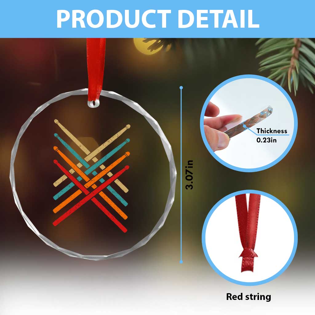 Retro Vintage Drummer Crystal Glass Ornament 70s 80s Distressed Drum Sticks - Wonder Print Shop