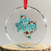 Retro Western She is From Texas I Can Tell Crystal Glass Ornament Trendy Turquoise Glitter Coquette and Cow Print Effect Graphic