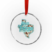 Retro Western She is From Texas I Can Tell Crystal Glass Ornament Trendy Turquoise Glitter Coquette and Cow Print Effect Graphic