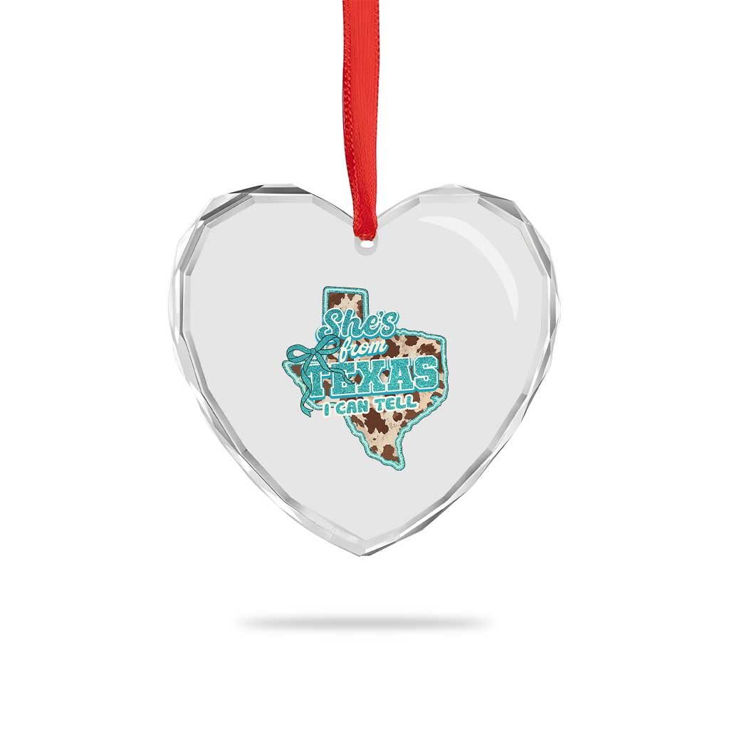 Retro Western She is From Texas I Can Tell Heart Crystal Glass Ornament Trendy Turquoise Glitter Coquette and Cow Print Effect Graphic